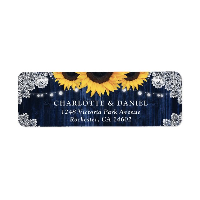 Elegant Navy Blue Lace Sunflower Return Address (Front)