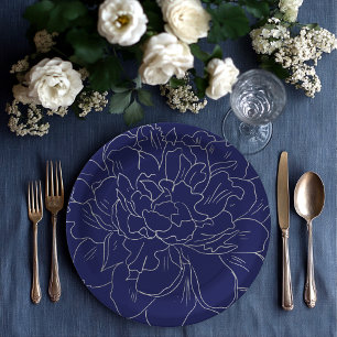 Elegant Navy Blue Large Silver Floral Paper Plate