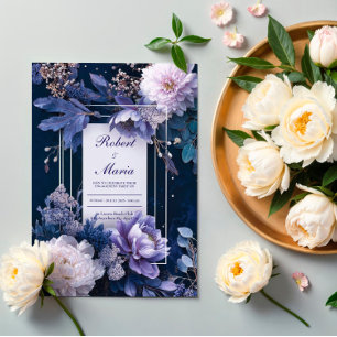 Elegant Navy Blue Lavender White Floral Wedding Invitation