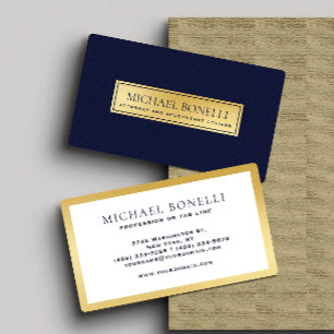 Elegant Navy Blue Leather Gold Label Professional Business Card