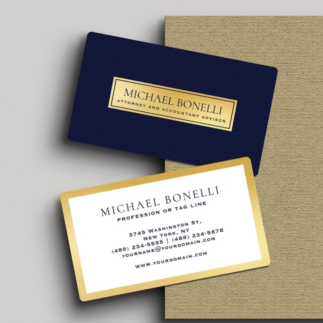 Elegant Navy Blue Leather Gold Label Professional Business Card (Creator Uploaded)
