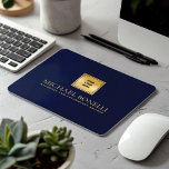 Elegant Navy Blue Leather Luxury Gold Logo NAME Mouse Pad<br><div class="desc">Enhance your workspace with this premium NAVY blue leather print mouse pad, designed to combine style and functionality. Featuring a luxurious gold logo and the option to add two lines of custom text, this mouse pad is perfect for personalising with your name, business, firm, or any other details of your...</div>