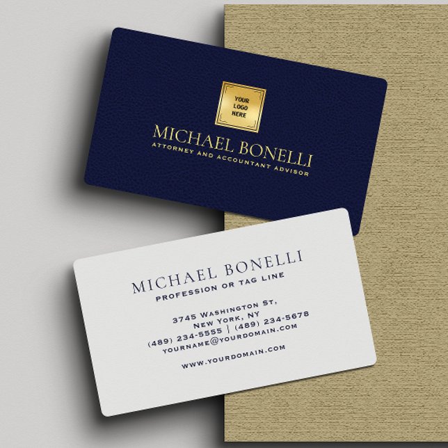 Elegant  Navy Blue Leather Professional Your Logo Business Card (Creator Uploaded)