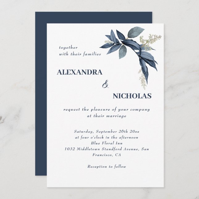 Elegant Navy Blue Leaves Botanical Wedding Invitation (Front/Back)