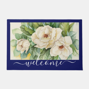 Elegant Navy Blue Magnolia Floral Welcome Script Doormat