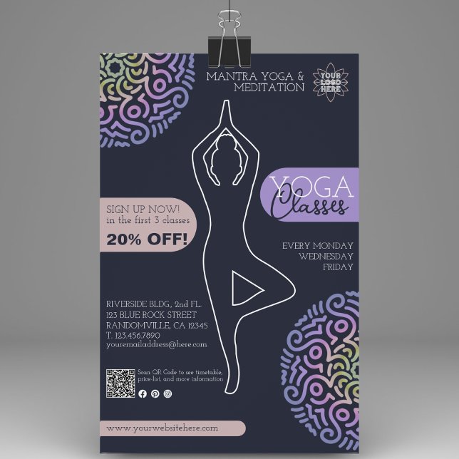Elegant Navy Blue Mandala Yoga Classes Flyer (The best way to promote your yoga studio's classes is with our custom flyers.)