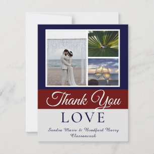 Elegant Navy Blue Maroon Wedding Photo collage Thank You Card