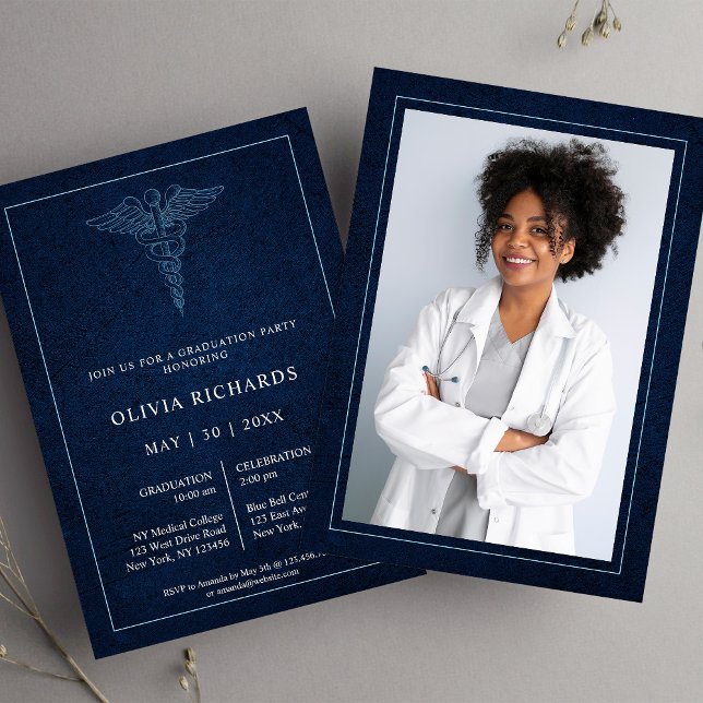 Elegant Navy Blue Medical School Graduation Invitation (Creator Uploaded)