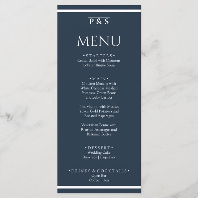 Elegant Navy Blue Minimal Monogram Dinner Wedding Menu (Front)
