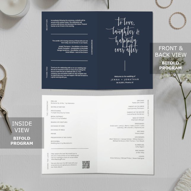 Elegant Navy Blue Minimal QR Code Wedding Folded Programme (Creator Uploaded)