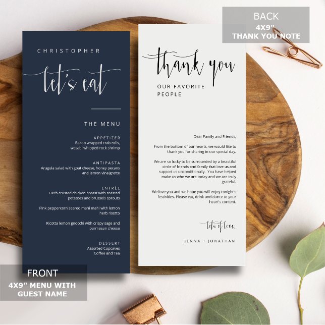 Elegant Navy Blue Minimal Thank You Placecard Menu (Creator Uploaded)