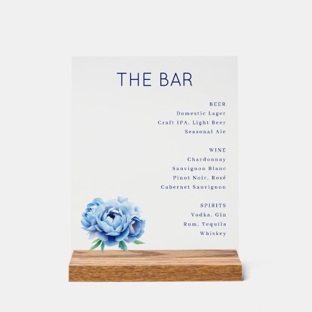 Elegant Navy Blue Minimalist Bar Menu Acrylic Sign (Front)
