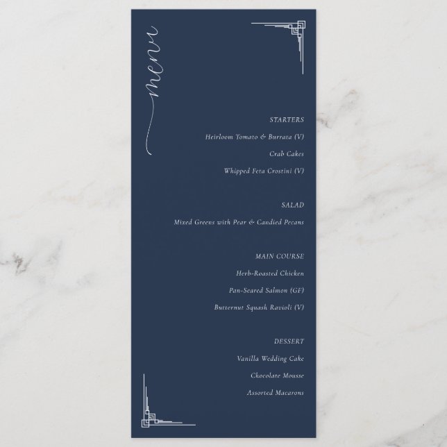 Elegant Navy Blue Minimalist Wedding Menu (Front)