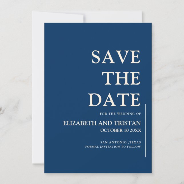 Elegant Navy Blue Minimalist Wedding  Save The Date (Front)