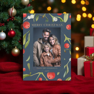 Elegant Navy Blue Mistletoe Holiday Photo Card