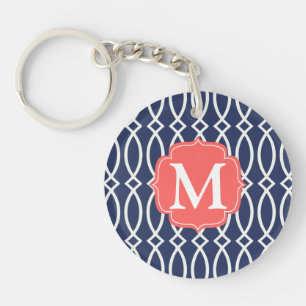 Elegant Navy Blue Modern Trellis Monogrammed Key Ring