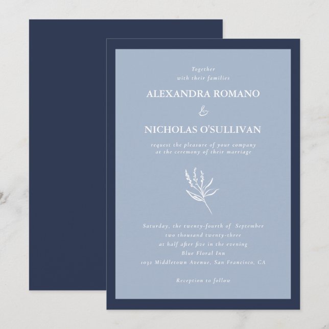Elegant Navy Blue Modern Wedding  Invitation (Front/Back)