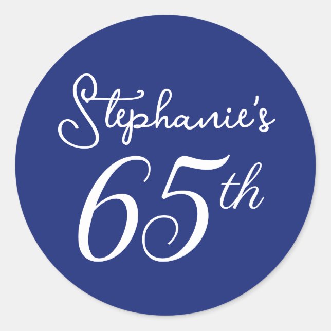 Elegant Navy Blue Monogram 65th Birthday Party Classic Round Sticker (Front)