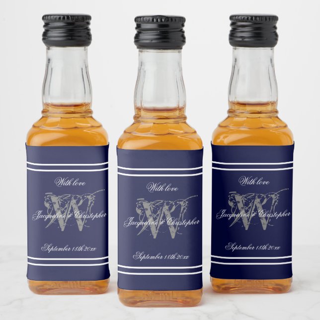 Elegant Navy Blue Monogram Chic Wedding Mini Liquor Bottle Label (Bottles)