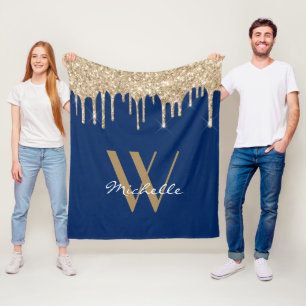 Elegant Navy Blue Monogram Dripping Glitter Name Fleece Blanket