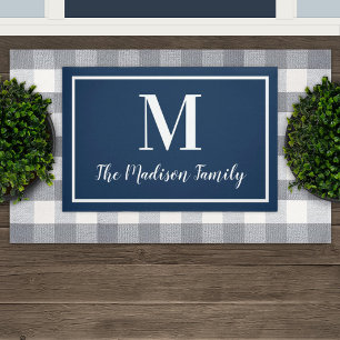 Elegant Navy Blue Monogram Family Name Doormat