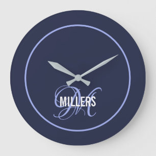 Elegant navy blue monogram family name   large clock
