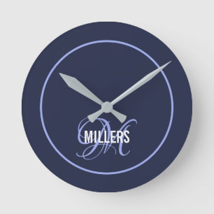 Elegant navy blue monogram family name   round clock