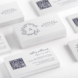 Elegant Navy Blue Monogram Floral Crest QR Code Business Card