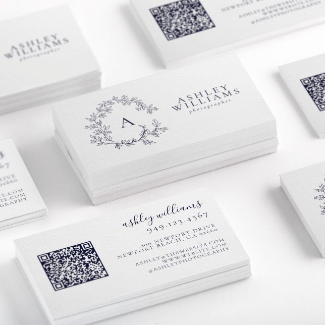Elegant Navy Blue Monogram Floral Crest QR Code Business Card (Creator Uploaded)