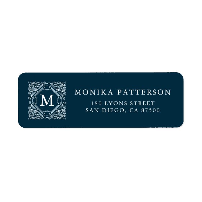 Elegant Navy Blue Monogram Frame Return Address (Front)