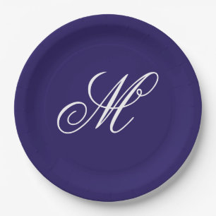 Elegant Navy Blue Monogram Initial Paper Plate