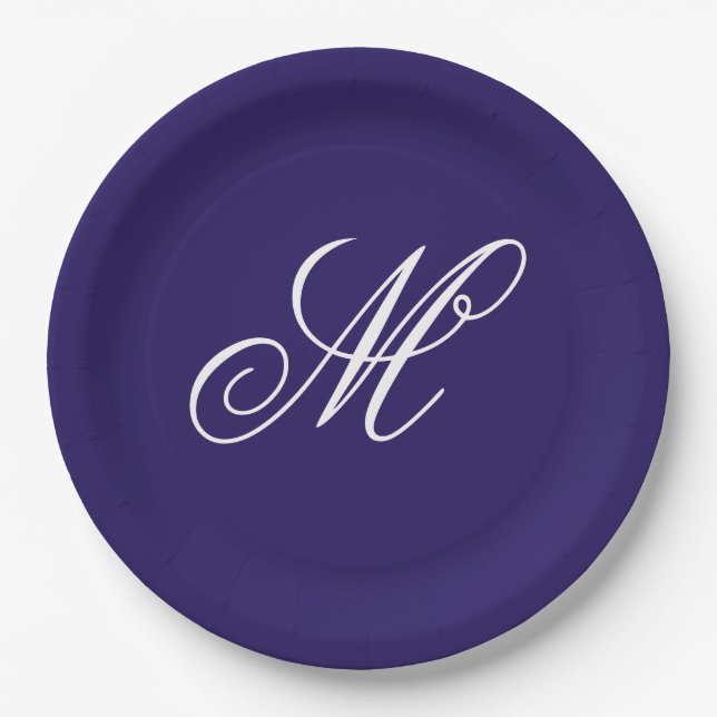 Elegant Navy Blue Monogram Initial  Paper Plate (Front)