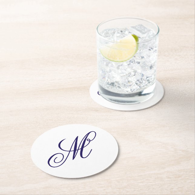 Elegant Navy Blue Monogram Initial  Round Paper Coaster (Insitu)