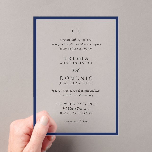 Elegant Navy Blue Monogram Modern Wedding Acrylic Invitations (Insitu (Handheld))