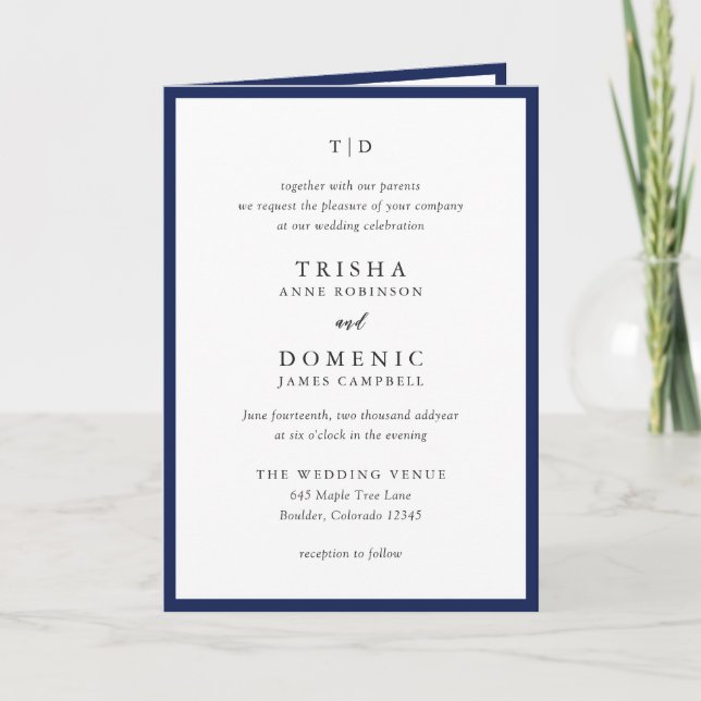 Elegant Navy Blue Monogram Modern Wedding Invitation (Front)