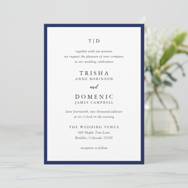 Elegant Navy Blue Monogram Modern Wedding Invitation (Standing Front)