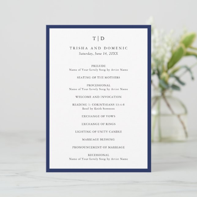 Elegant Navy Blue Monogram Modern Wedding Programme (Standing Front)