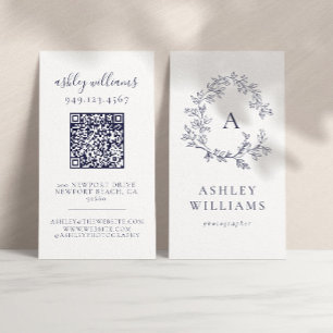 Elegant Navy Blue Monogram QR Code Floral Crest  Business Card