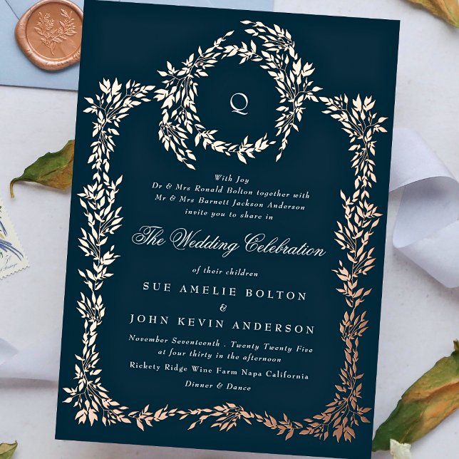 Elegant Navy Blue monogram Rose Gold Crest Wedding (Creator Uploaded)