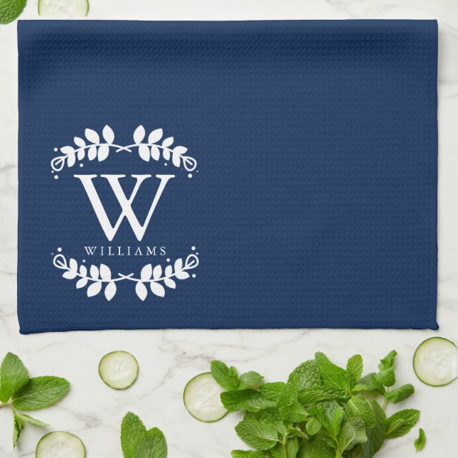 Elegant Navy Blue Monogram Tea Towel (Folded)