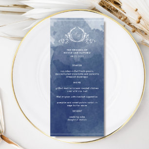 Elegant Navy Blue Monogram Watercolor Wedding Menu
