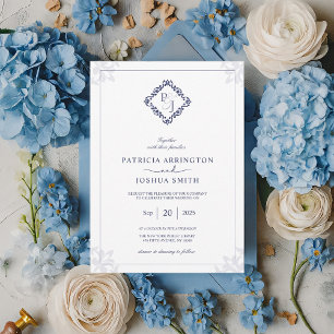 Elegant Navy Blue Monogram Wedding Invitation Card