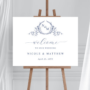 Elegant Navy Blue Monogram Wedding Welcome Sign