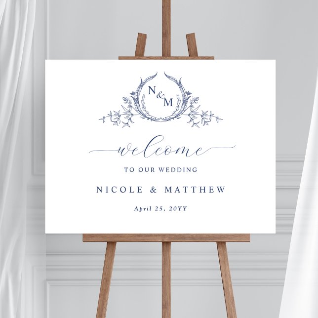 Elegant Navy Blue Monogram Wedding Welcome Sign (Creator Uploaded)