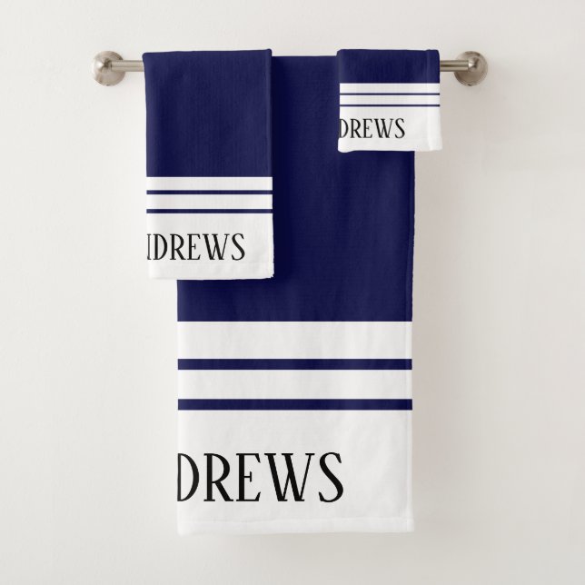 Elegant Navy Blue Monogrammed Name  Bath Towel Set (Insitu)