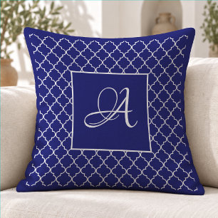 Elegant Navy Blue Moroccan Damask Monogram Cushion