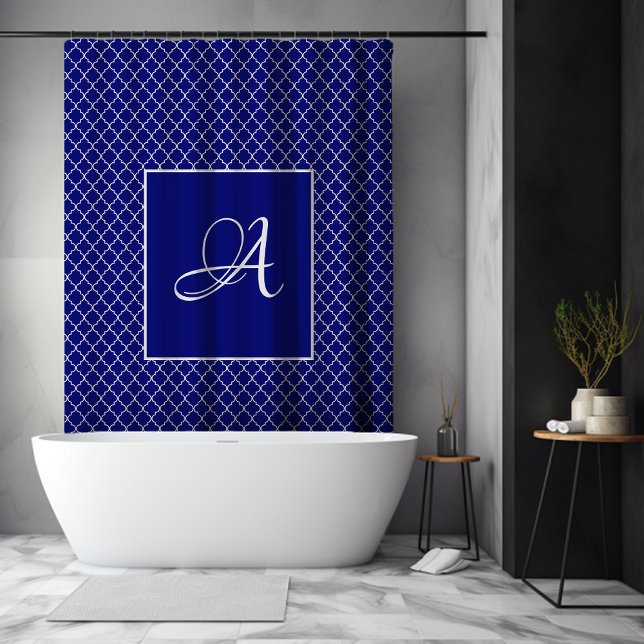 Elegant Navy Blue Moroccan Damask Monogram Shower Curtain (Creator Uploaded)