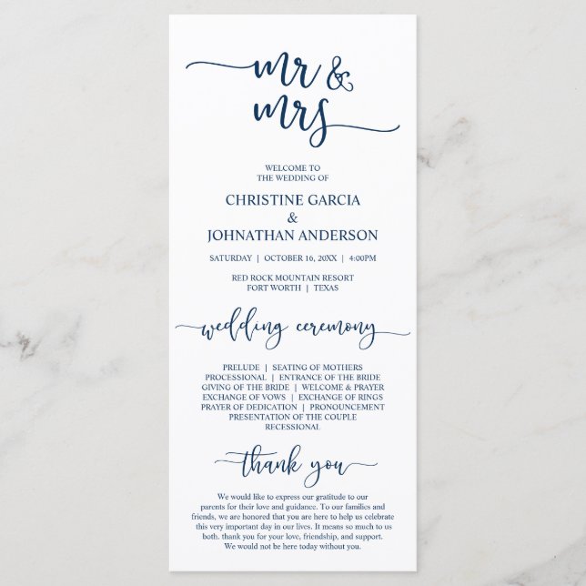 Elegant Navy Blue, Mr and Mrs, Wedding Ceremony Programme (Front)
