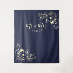 Elegant Navy Blue Mr. & Mrs. Wedding Backdrop Tapestry