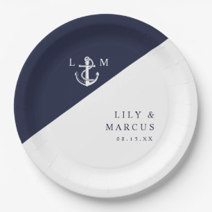 Elegant Navy Blue Nautical Monogram Wedding Paper Plate